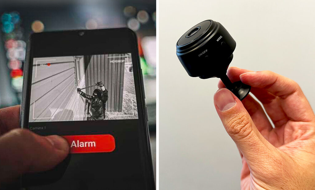 Guardian Monitor magnetic mini security camera next to the phone app